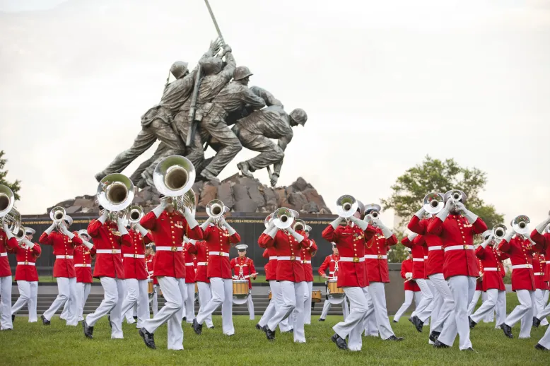 Members of the u.s. marine corps drum and bugle corps perform during the sunset parade june 18 2013 at the marine corps war memorial in arlington va 130618 m ks211 020