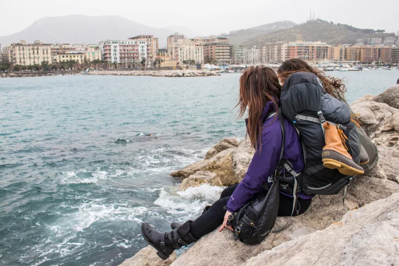 Rocky shore with travel companion