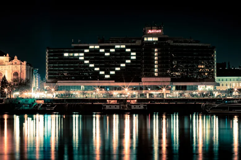 hotel with a heart made out of hotel lights