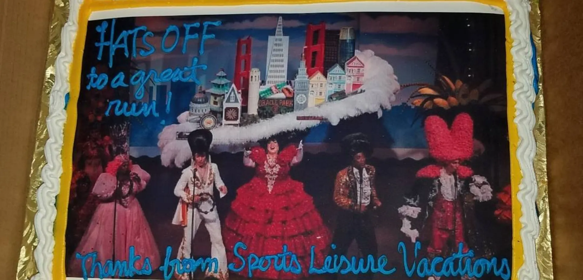 Thank you cake sent to the cast of Beach Blanket Babylon