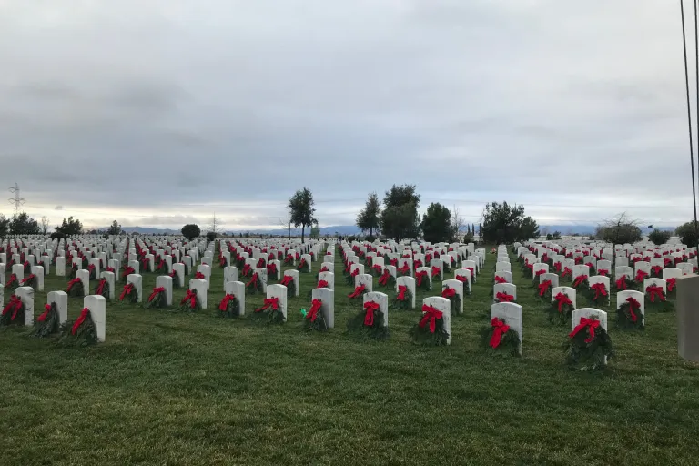 Close up of graves and wreaths